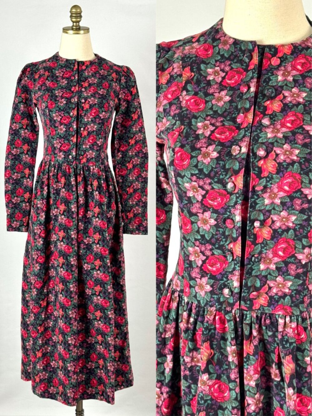 Vtg 90s Laura Ashley Floral Corduroy Button Front Dress Cottagecore Victorian